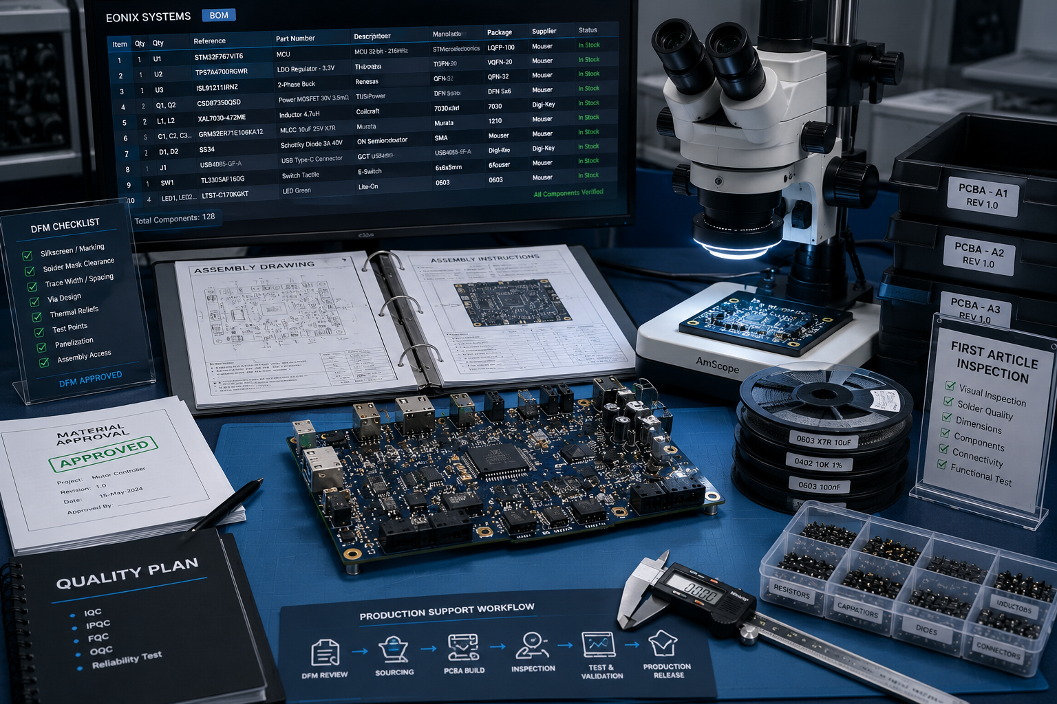 Manufacturing inspection setup with PCBs and microscope
